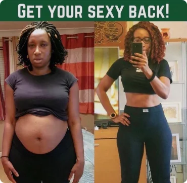 Slimming transformation collage with stats